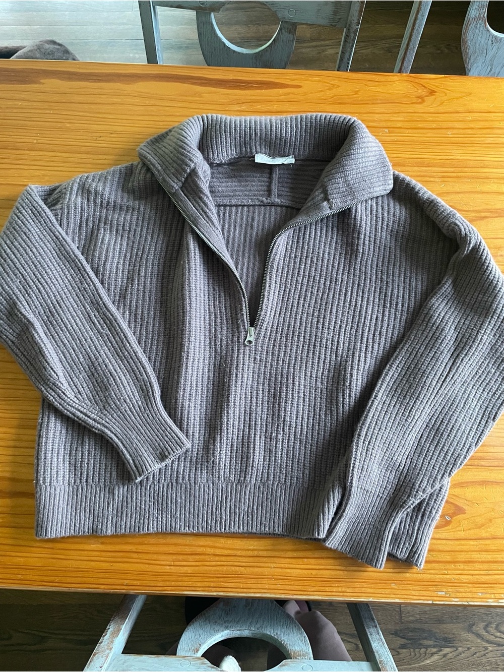 Thick Knit Wool Oversized Boxy Quarter Zip Sweater in Neutral Taupe Grey Gray
